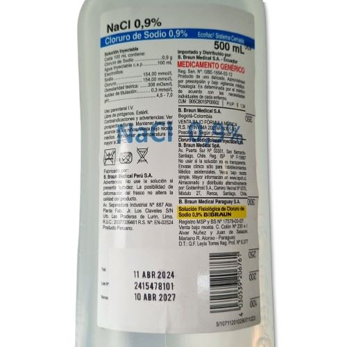 Cloruro de Sodio 0,9 % x 500 mL Braun