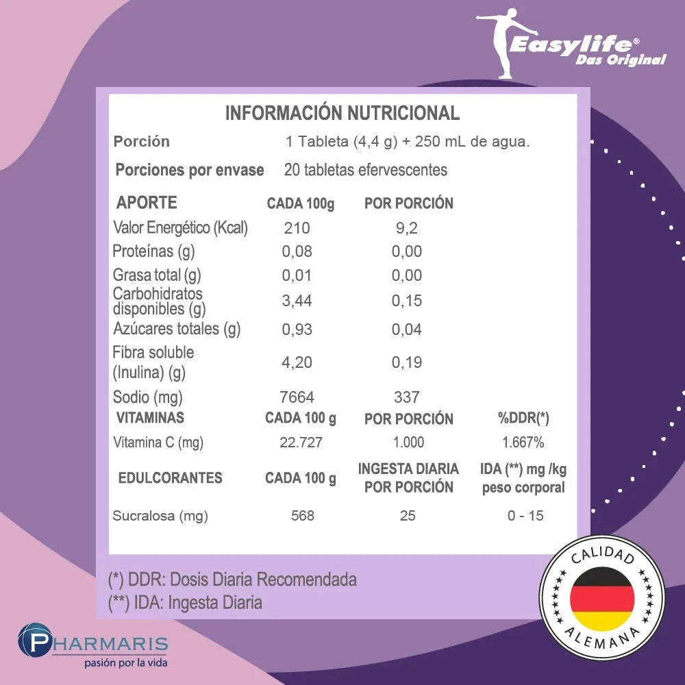 Easy Life Vitamin C x 20Tabletas Efervescentes Sabor Berries 1000Mg. Easylife