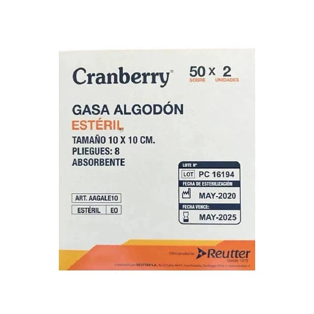 Gasa Algodon estéril 10 x 10 cm x 2 unidades Farmex-Fonasa-Persistente