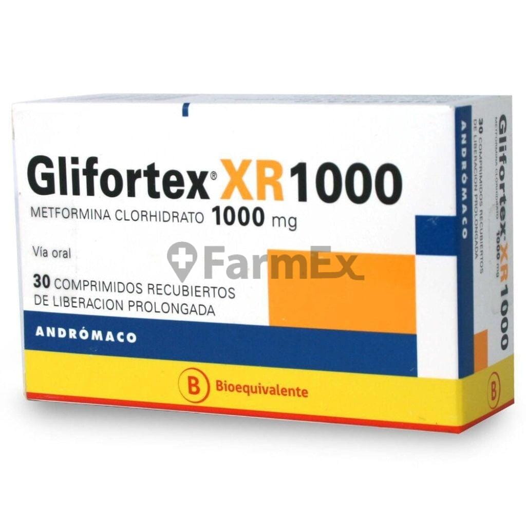 Glifortex XR Metformina 1000 mg x 30 comprimidos de Liberación Prolongada Farmex-Fonasa-Persistente