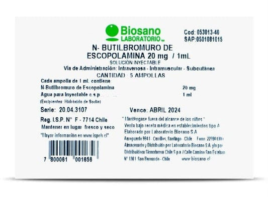 N-butilbromuro de Escopolamina 20 mg/mL solución inyectable x 5 ampollas BIOSANO