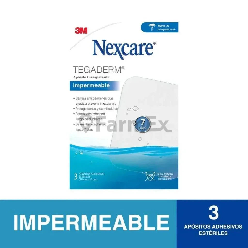 Nexcare Apósito Transparente "Impermeable" Tegaderm x 3 apositos "10 cm x 12 cm" Farmex-Fonasa-Persistente