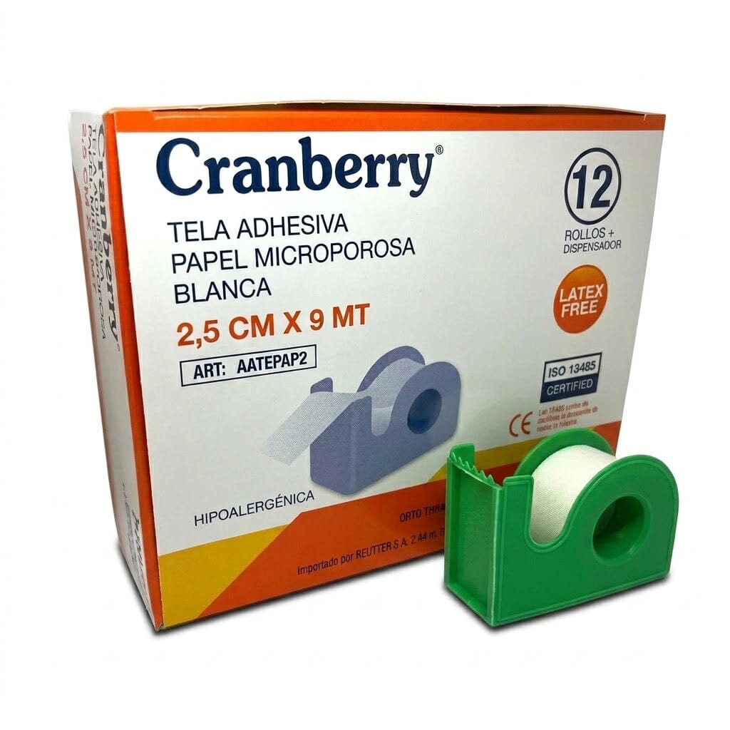 Tela adhesiva de papel microporosa blanca Cranberry 2.5cm X 9mt x 1 unidad.