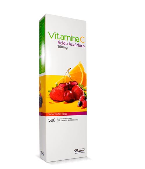 Vitamina C 100 mg x 500 comprimidos Sabor frutos rojos.