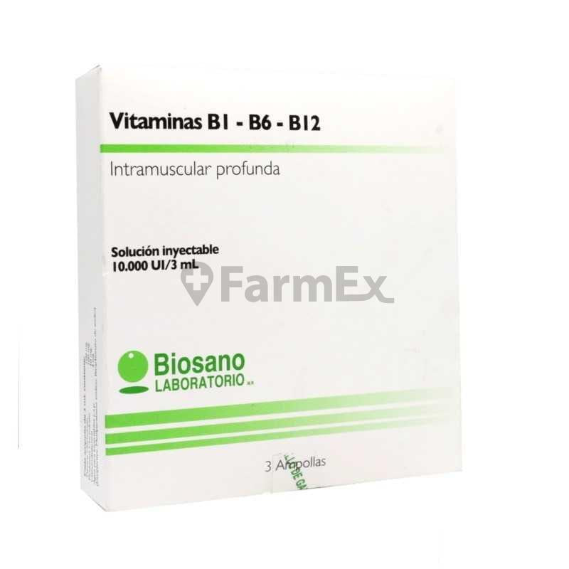 Vitaminas B1-B6-B12 Sol. Iny. 10.000 U.I. / 3 mL x 3 amp Biosano