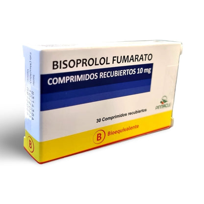 Bisoprolol Fumarato 10 mg x 30 comprimidos recubiertos "Ley Cenabast" Farmex-Pluxee-Persistente 