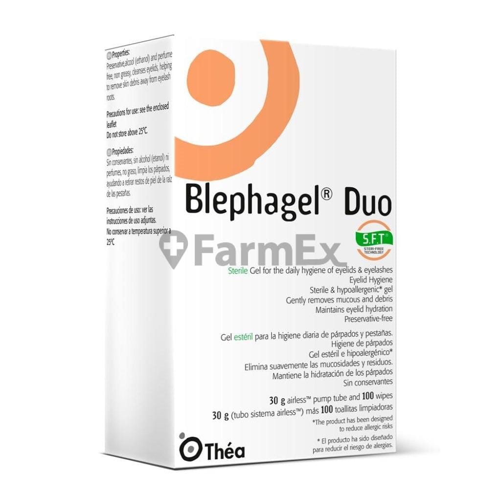 Blephagel Duo STF Tubo x 30 g / 100 compresas en estuche de cartulina Farmex-Pluxee-Persistente 