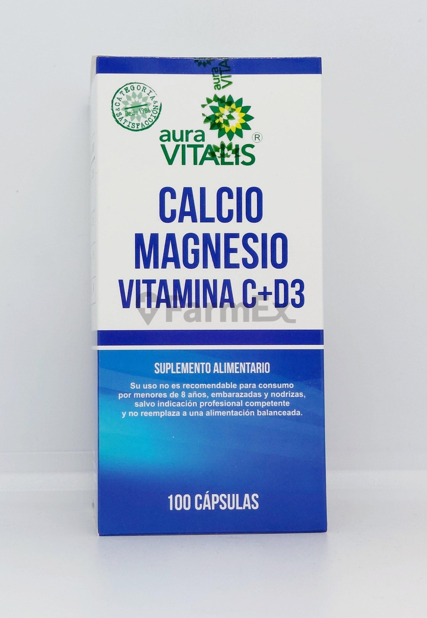 Calcio + Magnesio + Vitamina C y D3 x 100 cápsulas (Aura vitalis) Farmex-Fonasa-Persistente 