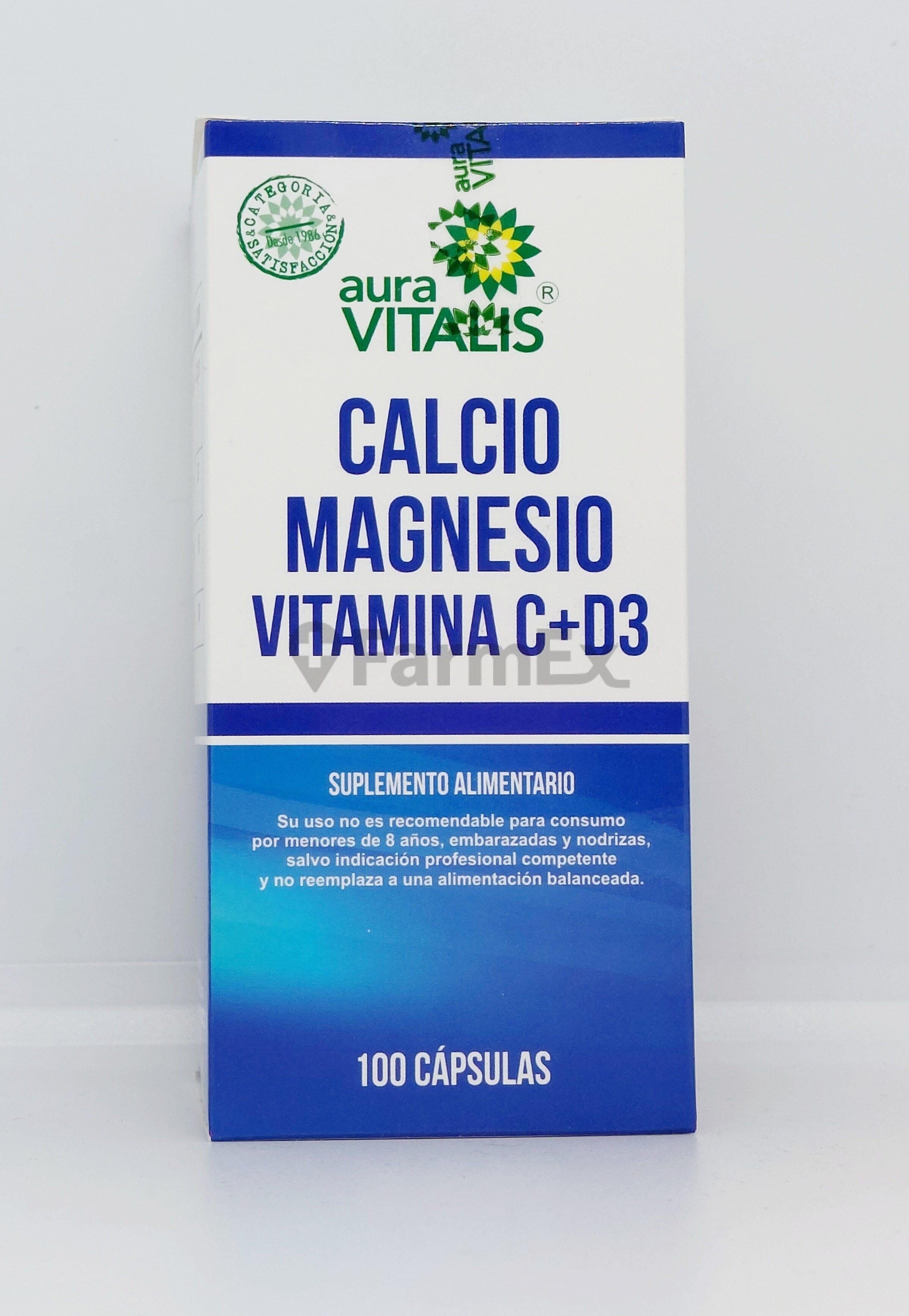 Calcio + Magnesio + Vitamina C y D3 x 100 cápsulas (Aura vitalis) Farmex-Fonasa-Persistente 