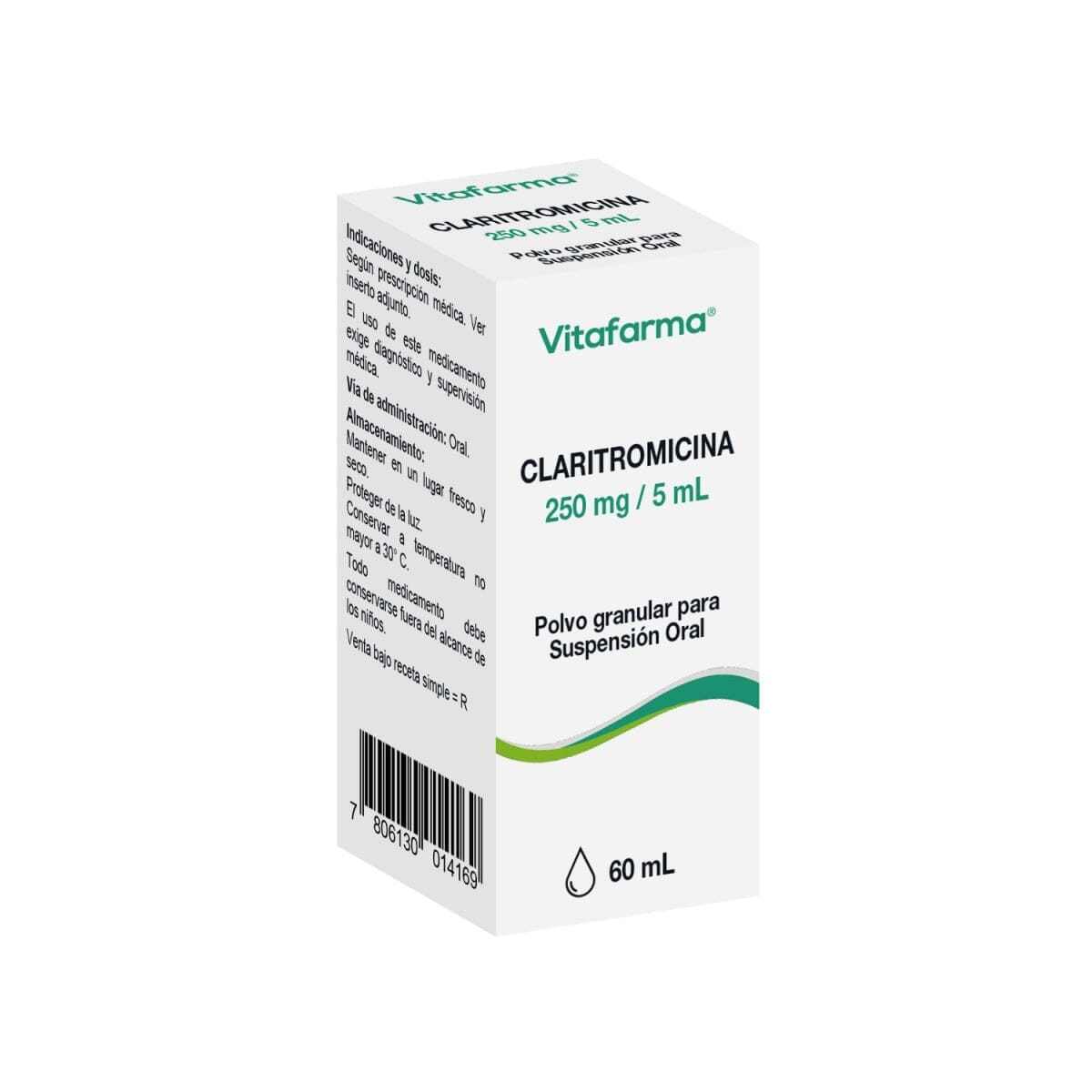 Claritromicina Polvo Granular Suspensión Oral 250 mg / 5 mL x 60 mL "Ley Cenabast" Farmex-Pluxee-Persistente 