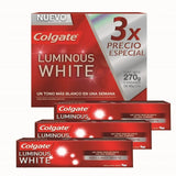 Colgate "Luminous White" pack x 3 tubos 90 Ml