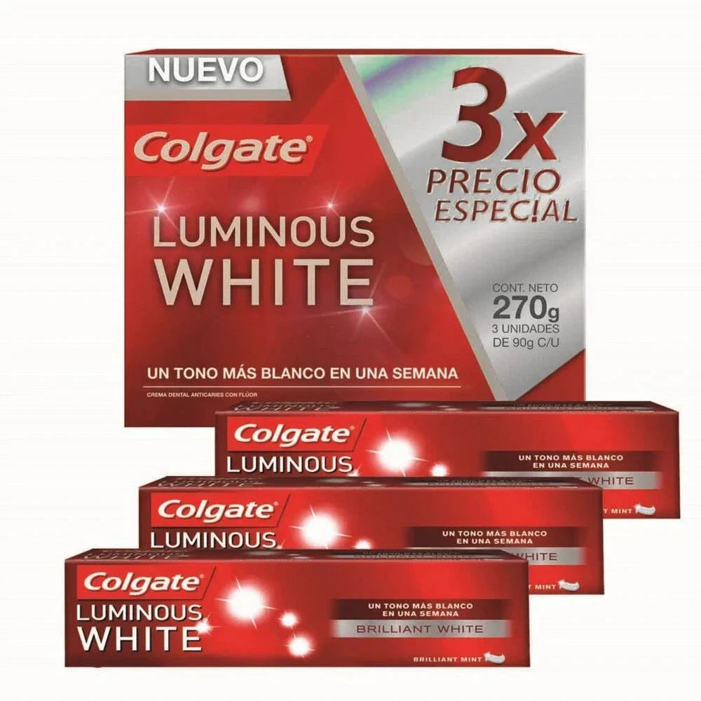Colgate "Luminous White" pack x 3 tubos 90 Ml Farmex-Pluxee-Persistente 