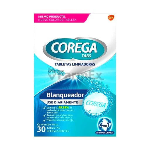 Corega Tabletas Limpiadoras "Blanqueador" x 30 Tabletas Efervescentes.