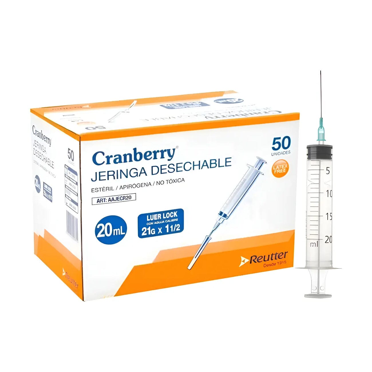 Cranberry Jeringa Desechable Luer Lock 21g X 1 1/2 X 20 mL REUTTER 