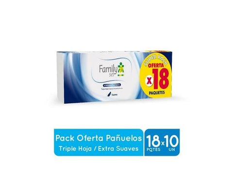 Family Set Pañuelo Desechable Triple Hoja 18 Paquetes con 10 Pañuelos c/u