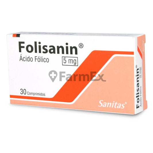Folisanin Ácido Fólico 5 mg x 30 comprimidos.