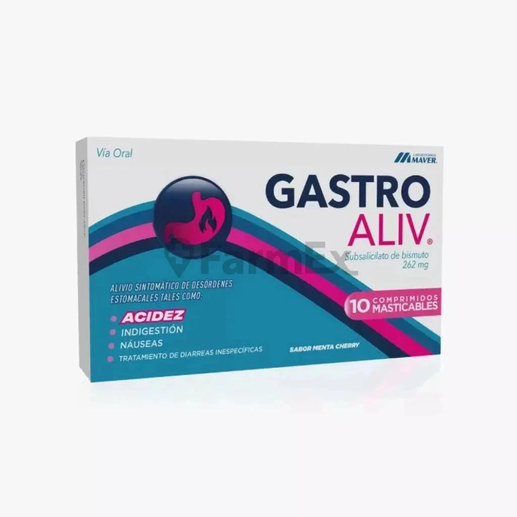GastroAliv 262 mg x 10 comprimidos. Farmex-Yapp-Seguro-Guia 