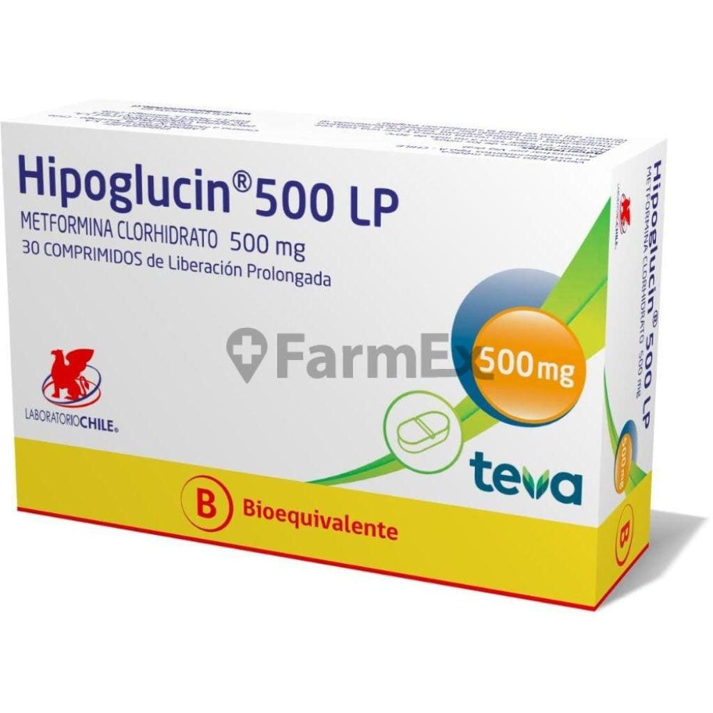 Hipoglucin LP Metformina 500 mg x 30 Comprimidos de Liberación Prolongada. Farmex-Yapp-Seguro-Boleta 
