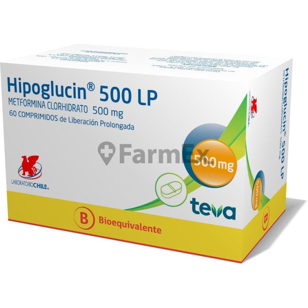 Hipoglucin LP Metformina 500 mg x 60 Comprimidos de Liberación Prolongada. Farmex-Yapp-Programa-Boleta 
