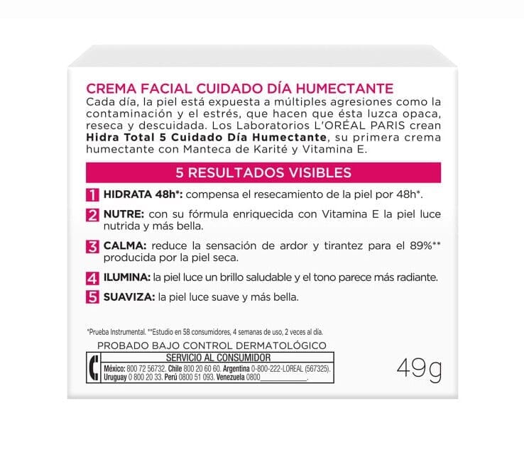 L'ORÉAL "Hidra Total 5" "Crema Día Humectante" x 50 mL Farmex-MiaHealth-Persistente 