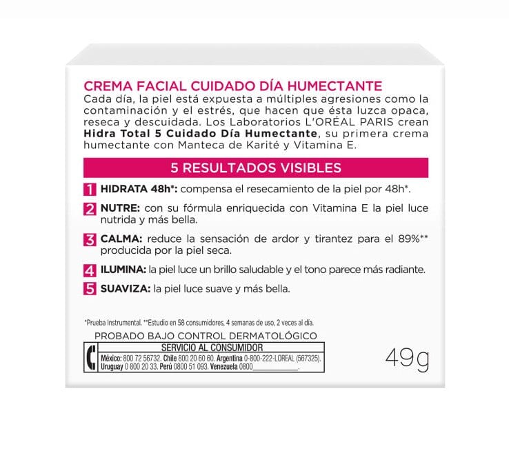 L'ORÉAL "Hidra Total 5" "Crema Día Humectante" x 50 mL Loreal Paris 