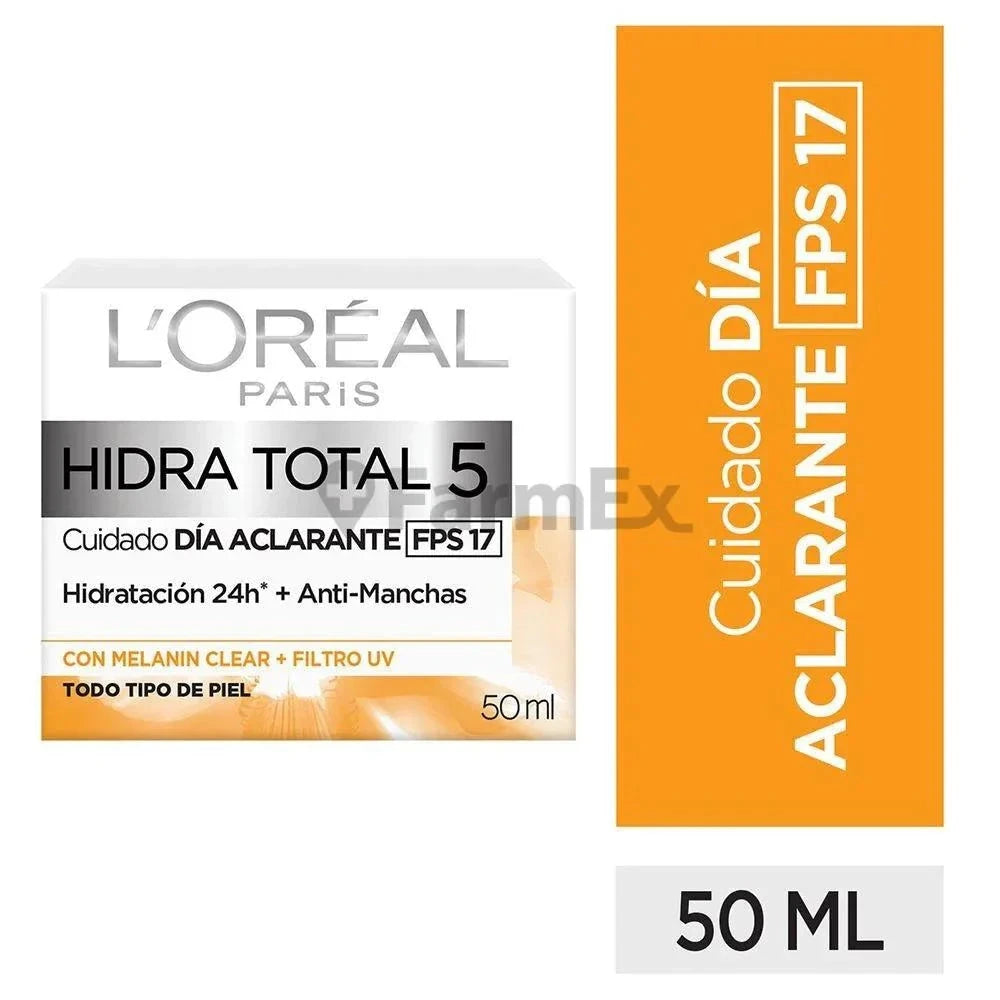 L'ORÉAL "Hidra Total 5" "Humectante FPS 17 Antimanchas" x 50 mL Farmex-Pluxee-Persistente 