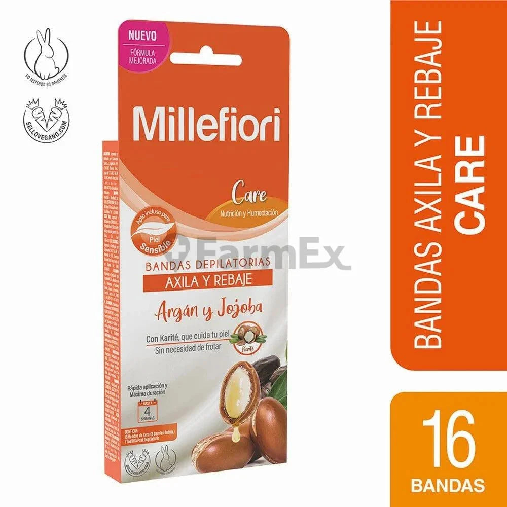 Millefiori Bandas Depilatorias Care Axila y Rebaje "Argán y Jojoba" x 16 Bandas Farmex-Pluxee-Persistente 