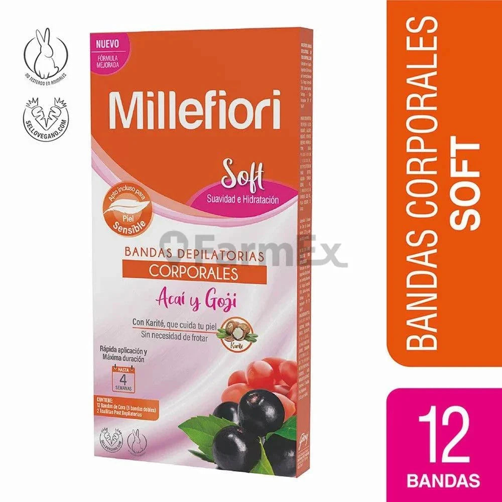 Millefiori Bandas Depilatorias Soft "Corporales Acaí y Goji" x 12 unidades Farmex-Fonasa-Persistente 