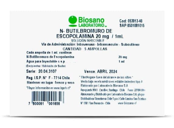 N-butilbromuro de Escopolamina 20 mg/mL solución inyectable x 5 ampollas BIOSANO 