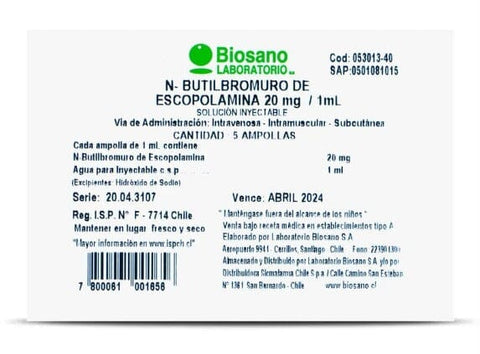 N-butilbromuro de Escopolamina 20 mg/mL solución inyectable x 5 ampollas