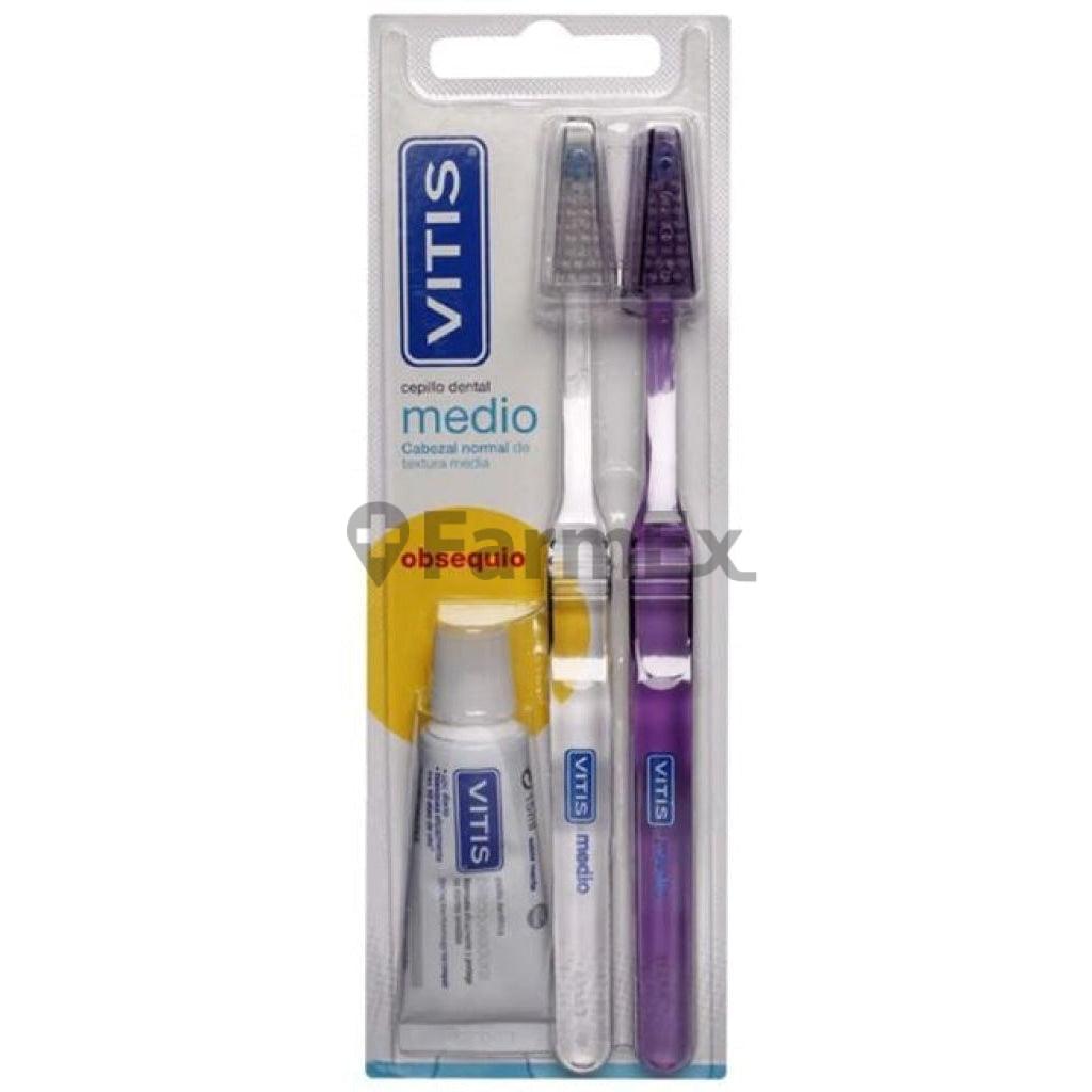 Pack Vitis 2 cepillos dentales medio + pasta dental blanqueadora.