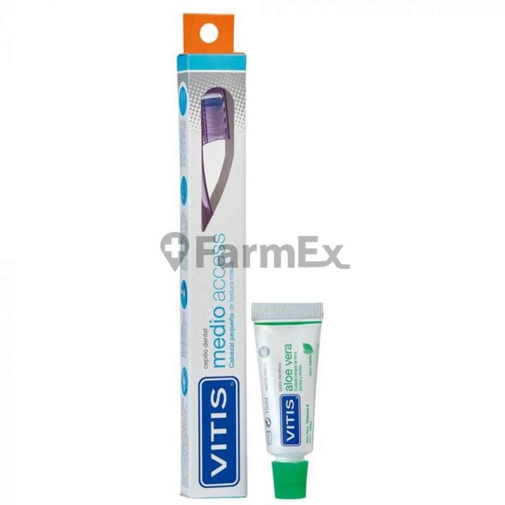 Pack Vitis cepillo dental "medio access" + pasta dental "aloe vera" 15 mL.