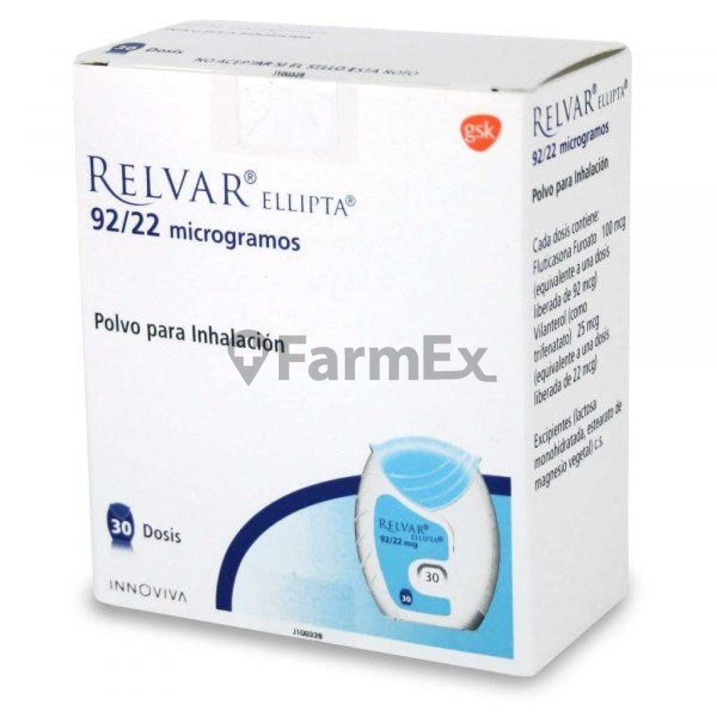 Relvar Ellipta 92 / 22 mcg. Polvo para Inhalacion x 30 dosis. Farmex-Yapp-Programa-Boleta 