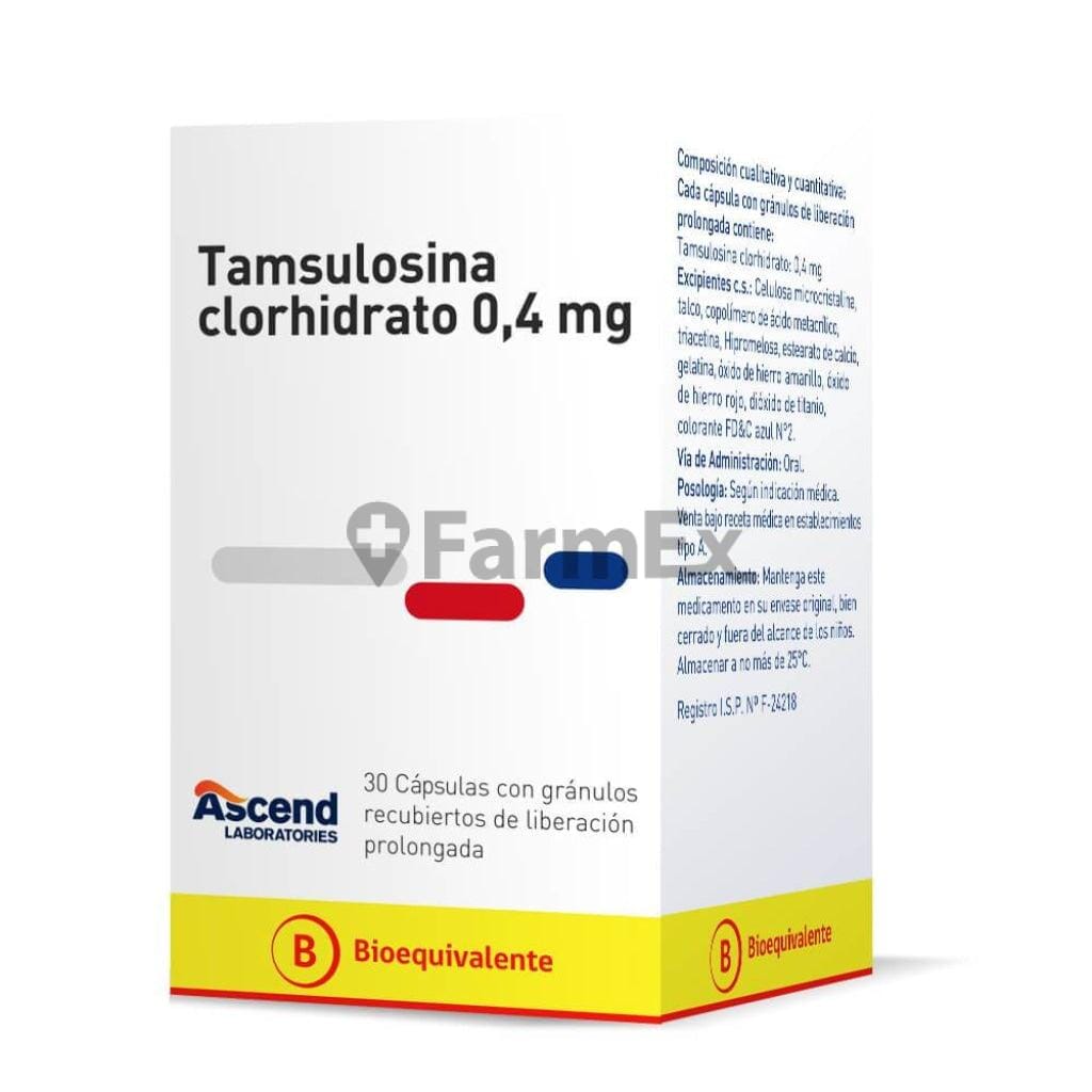 Tamsulosina Clorhidrato 0,4 mg x 30 capsulas "Ley Cenabast" Farmex-BanMedica-Persistente 