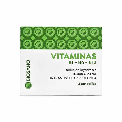 Vitaminas B1 B6 B12 10000 UI/3mL x 3 ampollas solución inyectable 3 mL "Ley cenabast" BIOSANO 