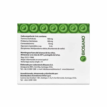 Vitaminas B1 B6 B12 10000 UI/3mL x 3 ampollas solución inyectable 3 mL "Ley cenabast" BIOSANO 
