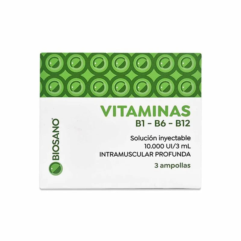 Vitaminas B1 B6 B12 10000 UI/3mL x 3 ampollas solución inyectable 3 mL "Ley cenabast"