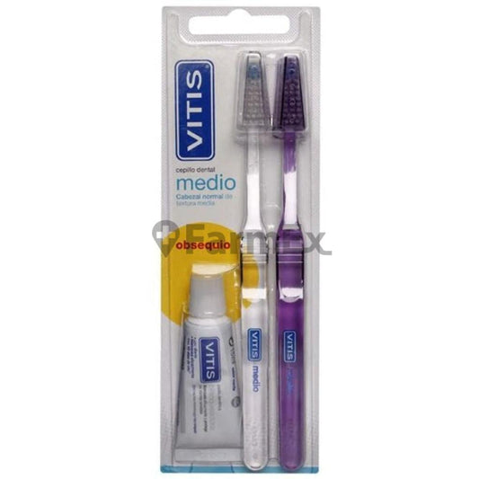 Pack Vitis 2 cepillos dentales medio + pasta dental blanqueadora VITIS 