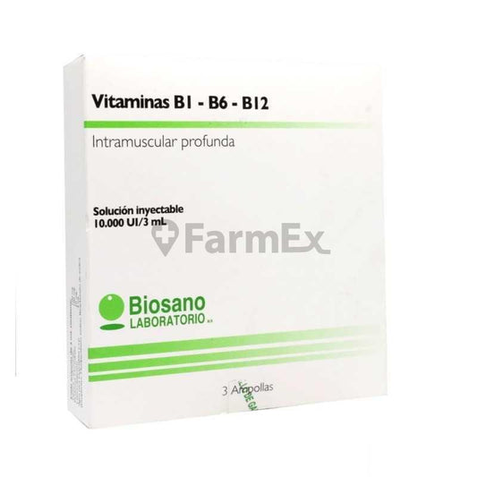 Vitaminas B1-B6-B12 Sol. Iny. 10.000 U.I. / 3 mL x 3 amp Biosano 